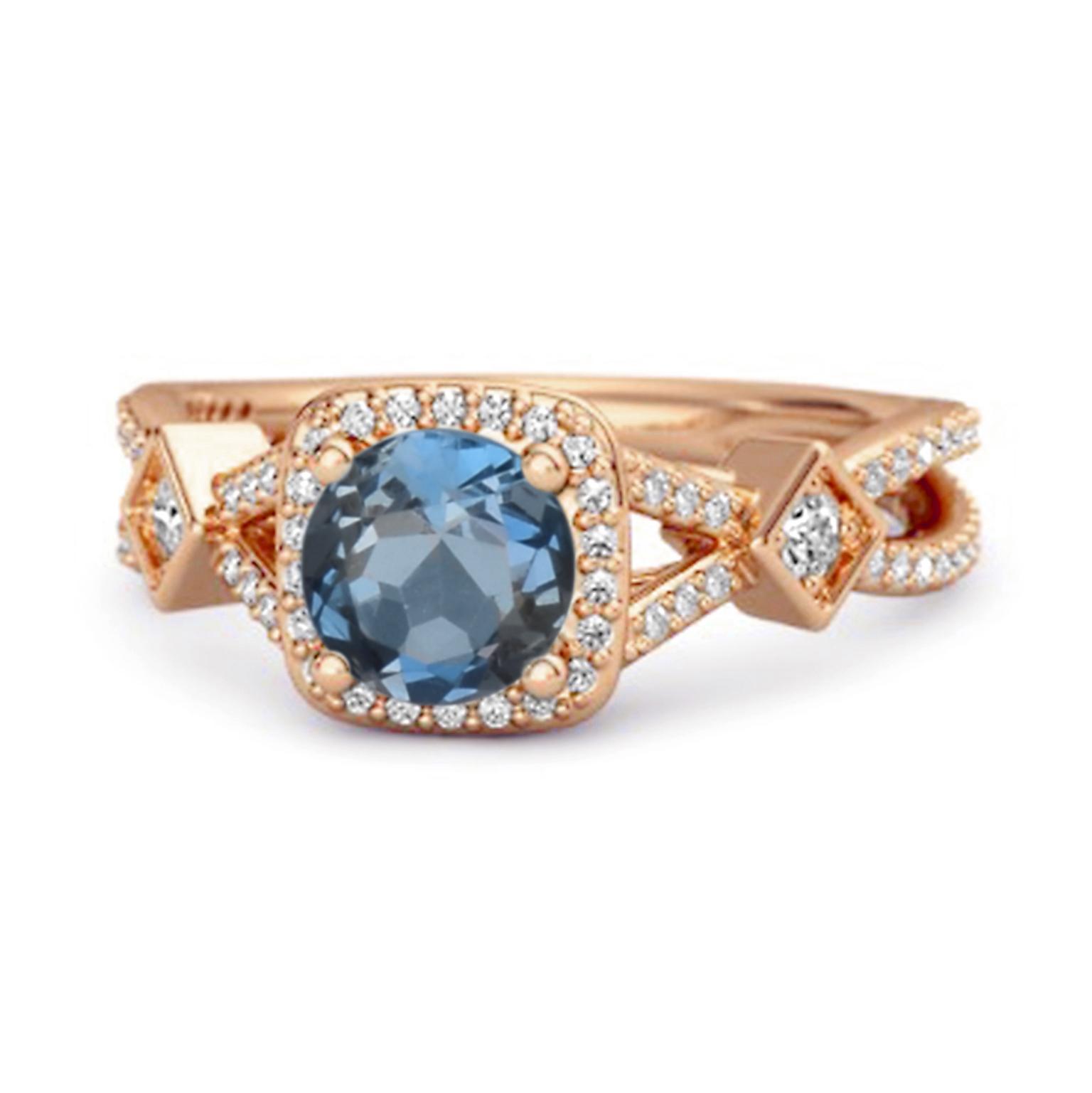 

London Blue Topaz Vintage Halo Art Deco Ring - 925 Sterling Silver Rose Gold Vermeil 8 Яскраво-рожевий