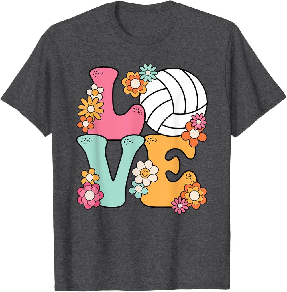 Volleyball Love Retro Flowers Graphic Tee Women Girls Casual Short Sleeve T-Shirt