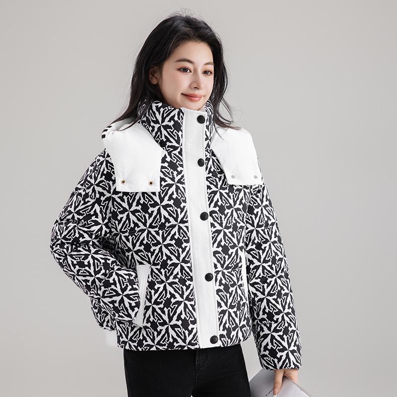 3D Printed Hooded Cotton-padded Jacket Women's Short Style