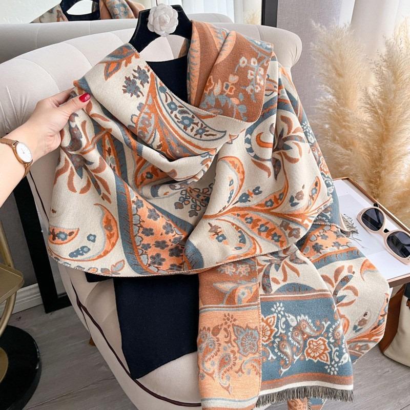Ethnic Printed Faux Cashmere Scarf Winter Warm Thick Shawl For Women
