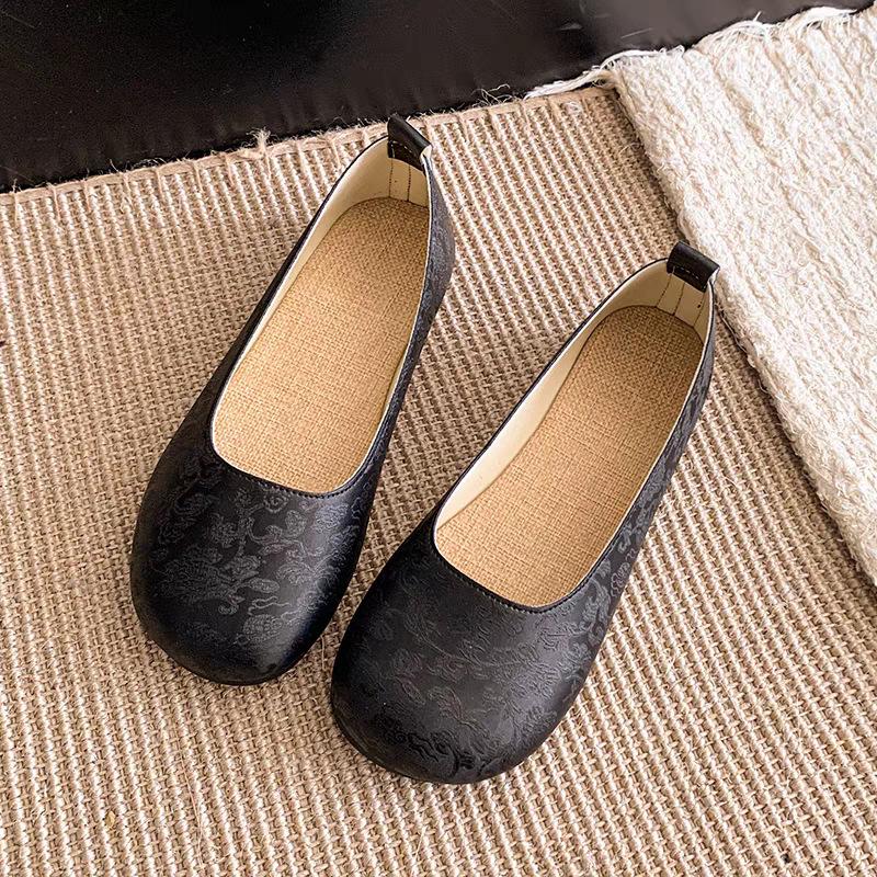 

Ретро туфли дуду с круглым носком на одной педали с мягкой подошвой женские туфли 2025 новая весна с мелким вырезом туфли лодочки на плоской подошве 40 чёрный