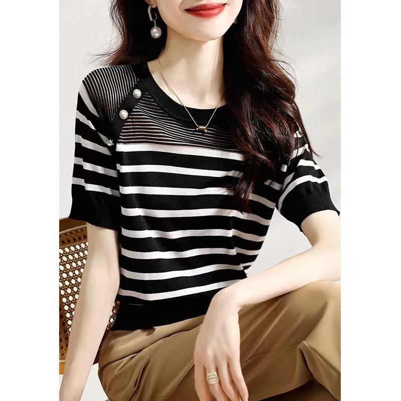 Black and White Striped Short Sleeved Knitted T-shirt Summer Round Neck Pullover Knitted T-shirt