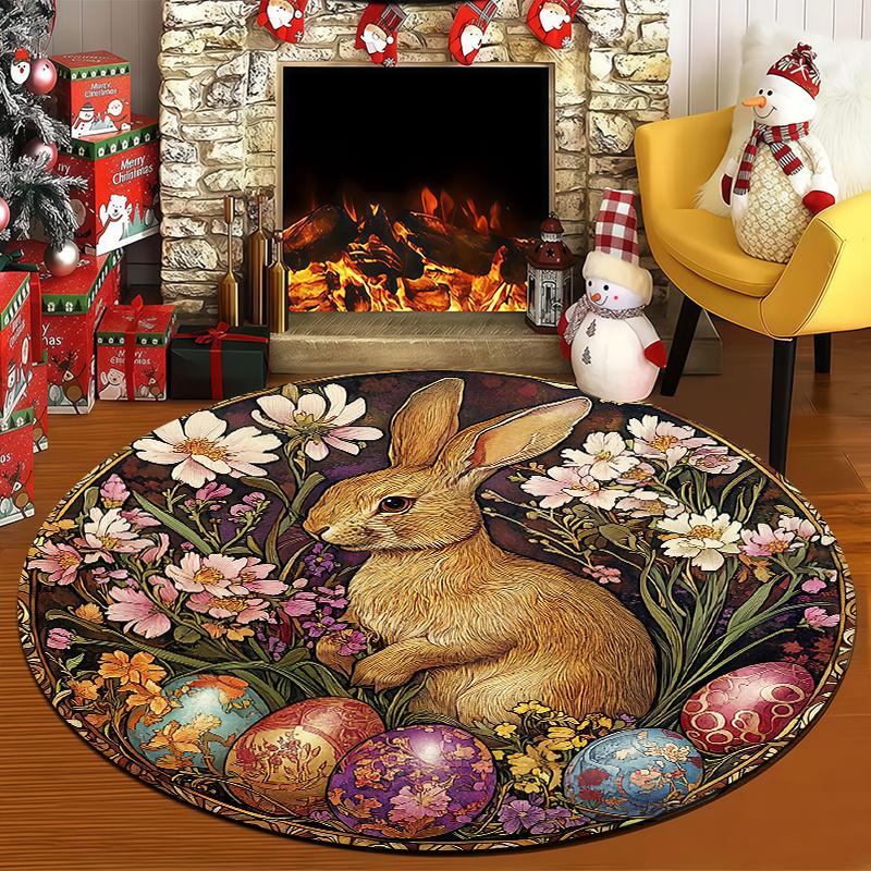 Vintage Rabbit Round Rug Non-Slip Machine Washable Floor Mat 2D Flat Soft Area Rug for Bedroom Easter Decor Gift
