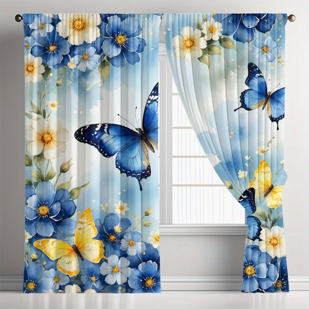 2PCS Digital Printed Curtains, Blue Yellow Butterfly Vibrant Insect Nature, Window Drapes for Living Room Bedroom Home Decor