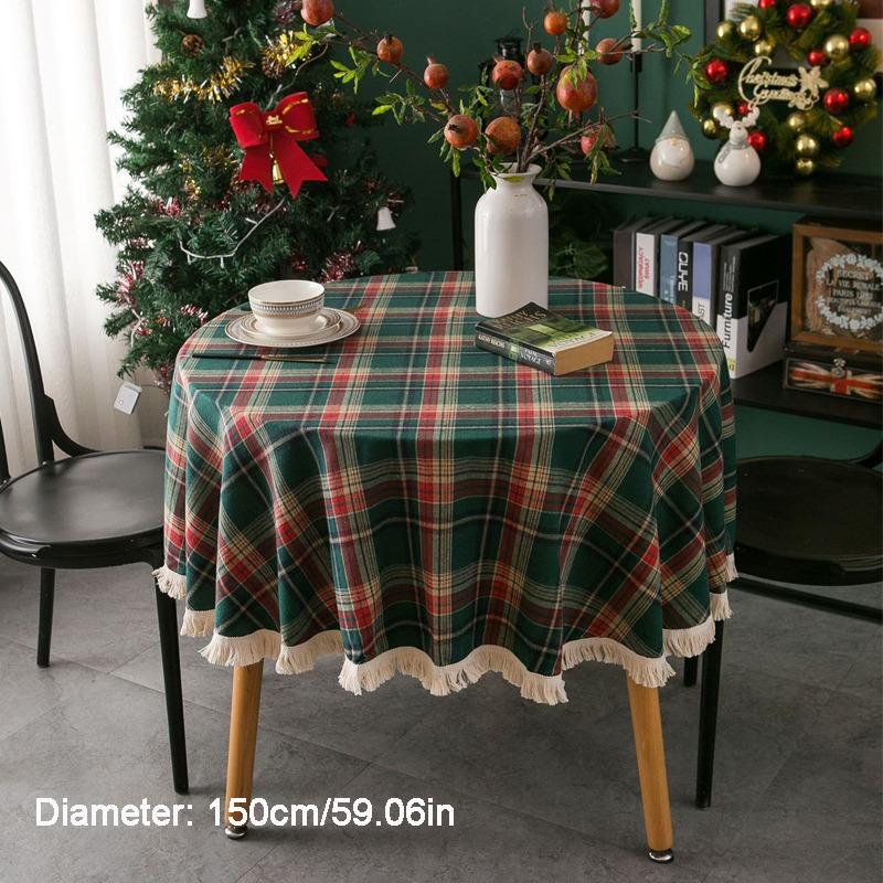 Christmas Plaid Pattern Tablecloth Pastoral Style Round Retro Luxury TableCloth with Tassel Holiday Party Table Cover Home Decor