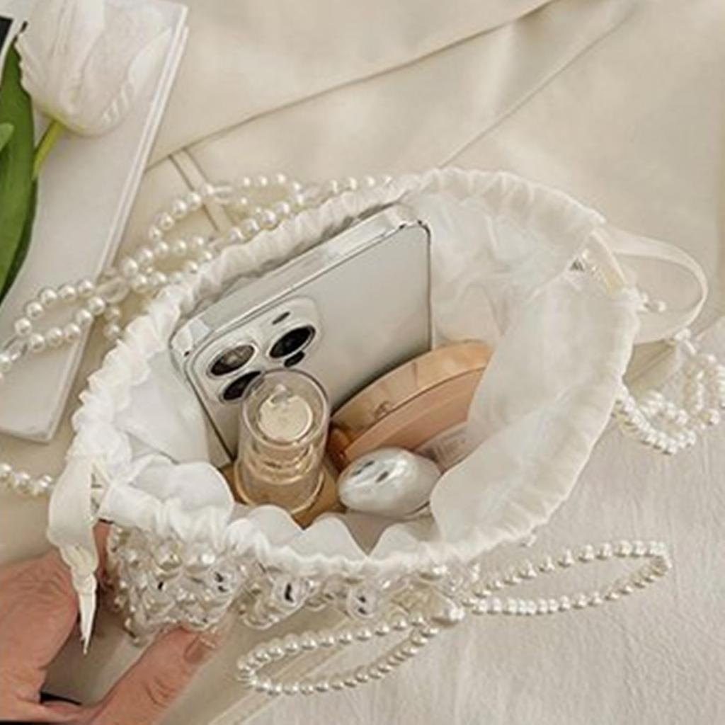 Lamerry Beaded Pearl Drawstring Bag, Wedding Shoulder Bag, Crossbody Bag, Party Bag, Yukata, Hakama, Entrance Ceremony, Graduation Ceremony, White