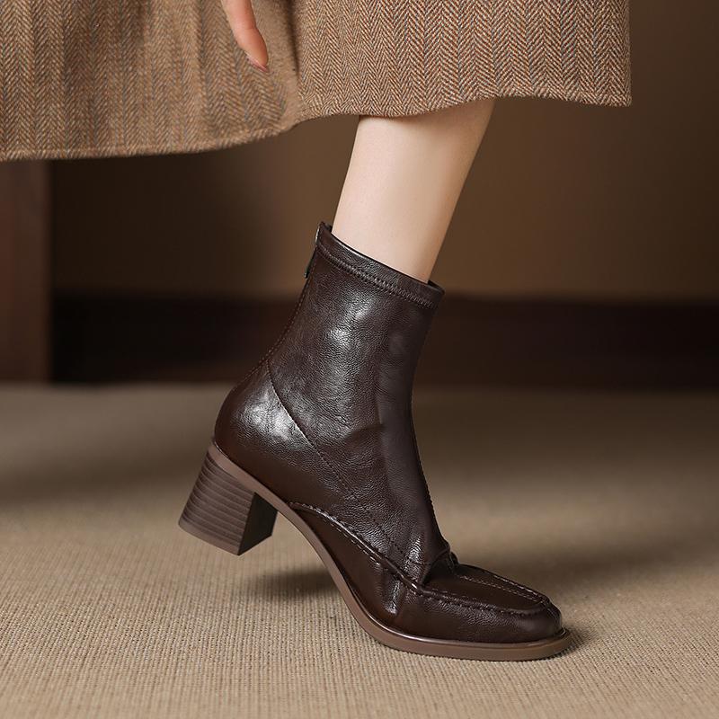Fashion 2025 Autumn Women Boots Square Toe Chunky Heel Stretch Leather Women Shoes Short Modern Boots Winter Mid-calf High Heels Boots