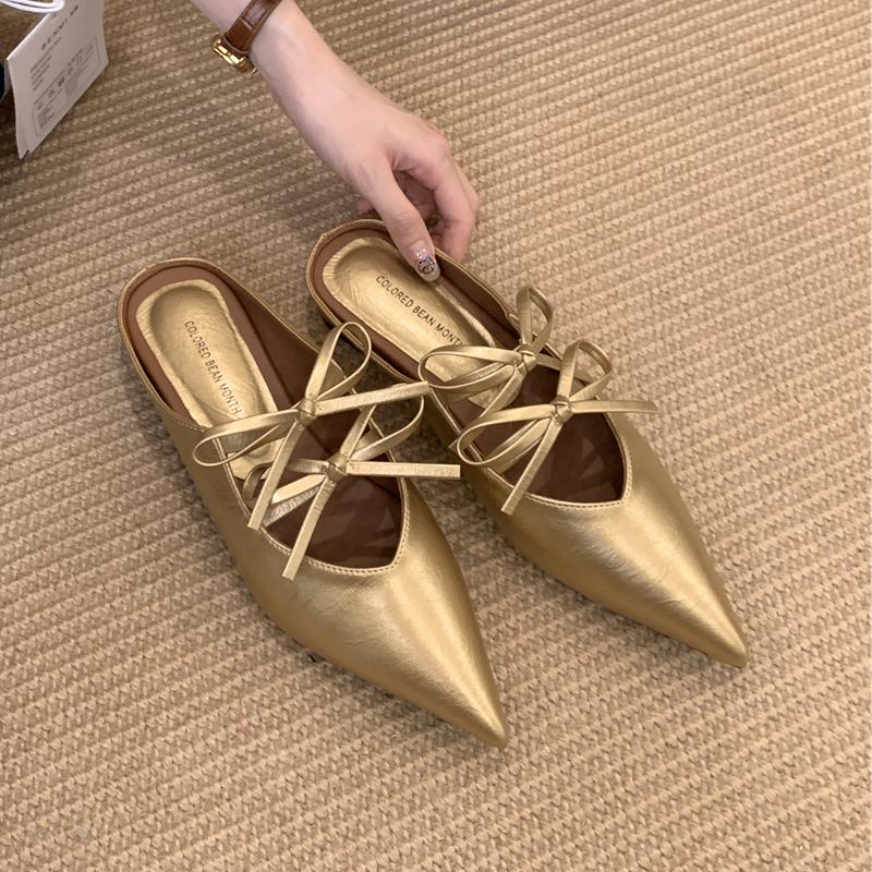 Fashion SUOJIALUN 2025 Autumn New Women Slipper Fashion Pointed Toe Bow-knot Slip On Mules Shoes Square Low Heel Outdoor Dress Sandal