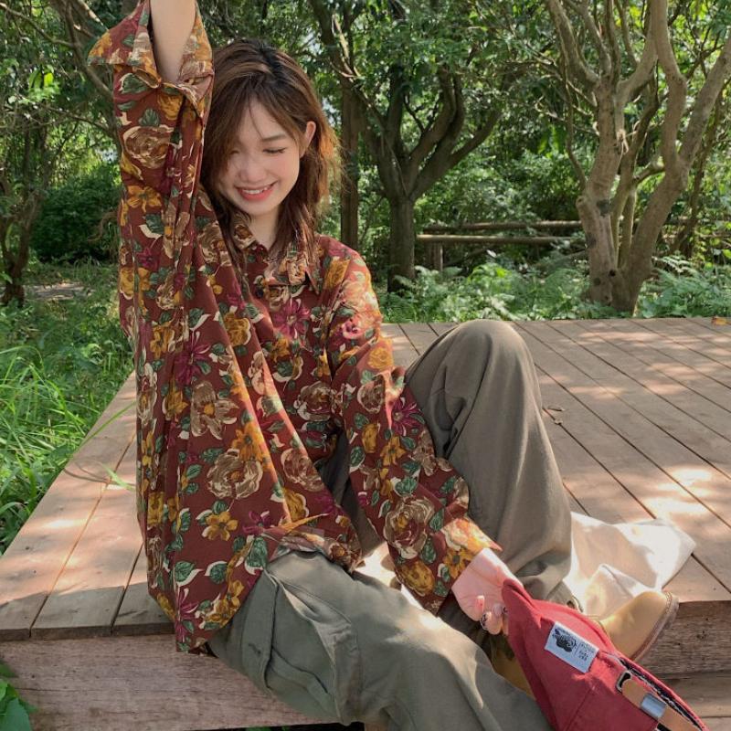 Red Printed Retro Hong Kong Style Floral Long-sleeved Shirt for Women Vintage-feeling Shirt Loose Top