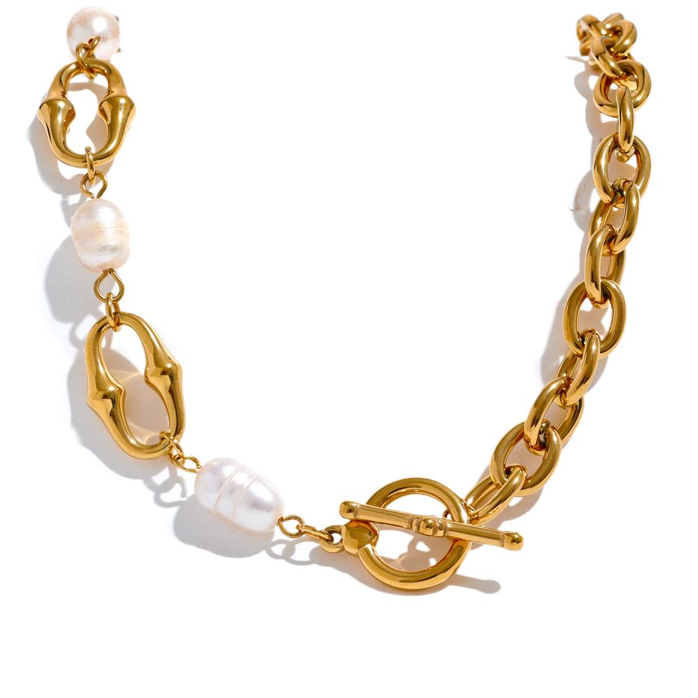 Yhpup 316l Stainless Steel Natural Pearl Chain Toggle-Clasps Bracelet Bangle for Women Elegant Fashion Jewelry Bijoux Waterproof