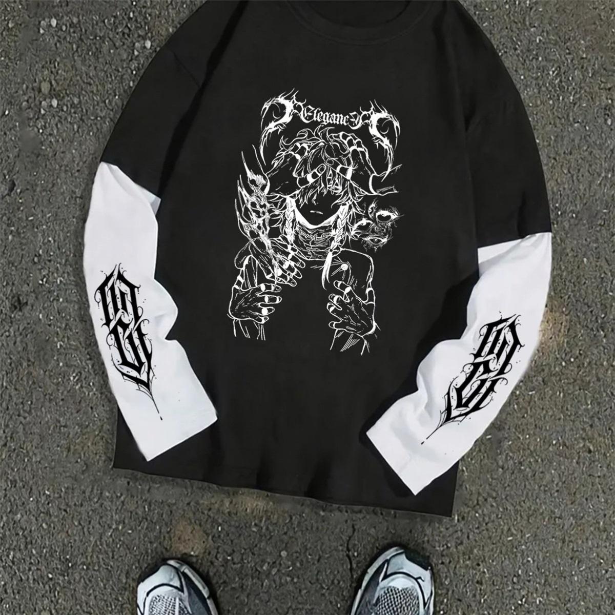 Fake Two-Piece Heavyweight Long-Sleeved Men S Japanese Y2K New Youth Loose Casual Printed Trendy Round Neck Couple Jacket Long-Sleeved L чёрный