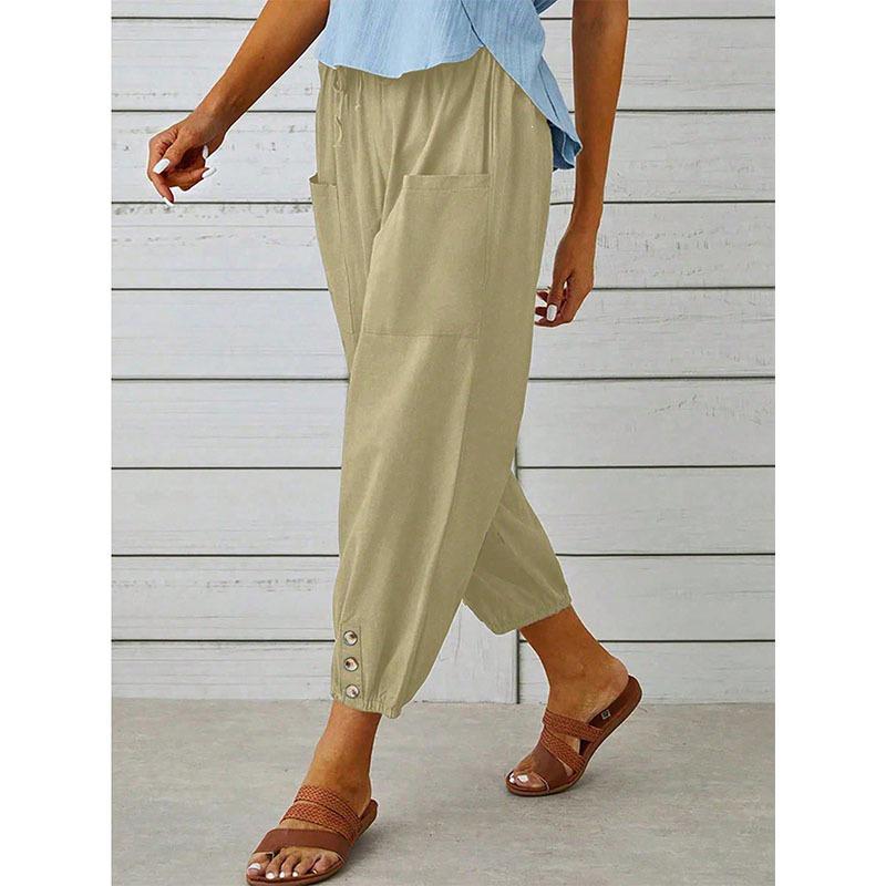 2026 Loose High-Waisted Buttoned Cotton Linen Wide-Leg Nine-Point Women's Pants