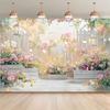2D Pastel Garden Backdrop with Wooden Crates and Lanterns Background Cloth
