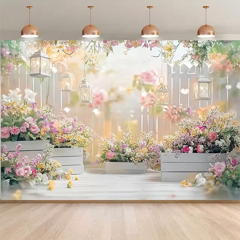 2D Pastel Garden Backdrop with Wooden Crates and Lanterns Background Cloth
