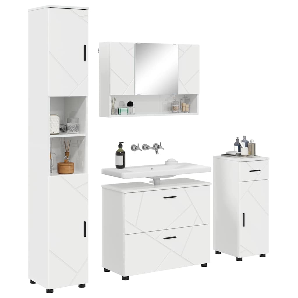 Bathroom Furniture Set 4 Pcs High Gloss White Plywood and Metal