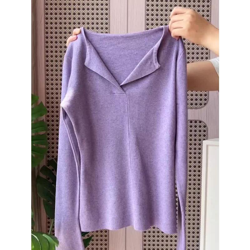 

Temperament collar paper person wears long-sleeved autumn and winter white inner top atmosphere knitted bottoming shirt women L фіолетовий