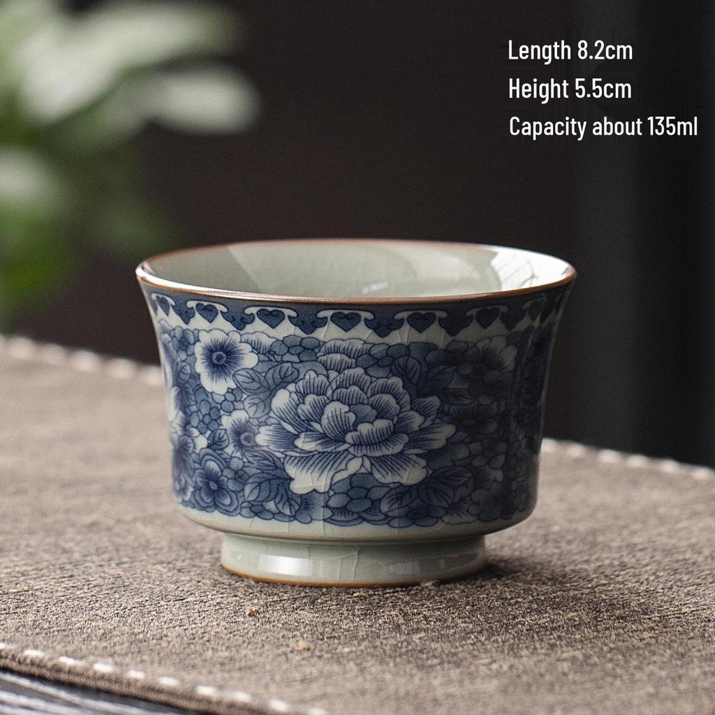 Antique Sancai Blue & White Gaiwan Kung Fu Tea Set: Cultivable Crackle Ceramic Tea Bowl & Large Cup