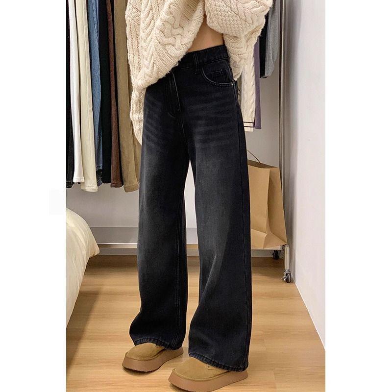 Smoke Grey Plus Size Wide-Leg Jeans for Women - Winter Thickened Straight Pants for Pear-Shaped Body
