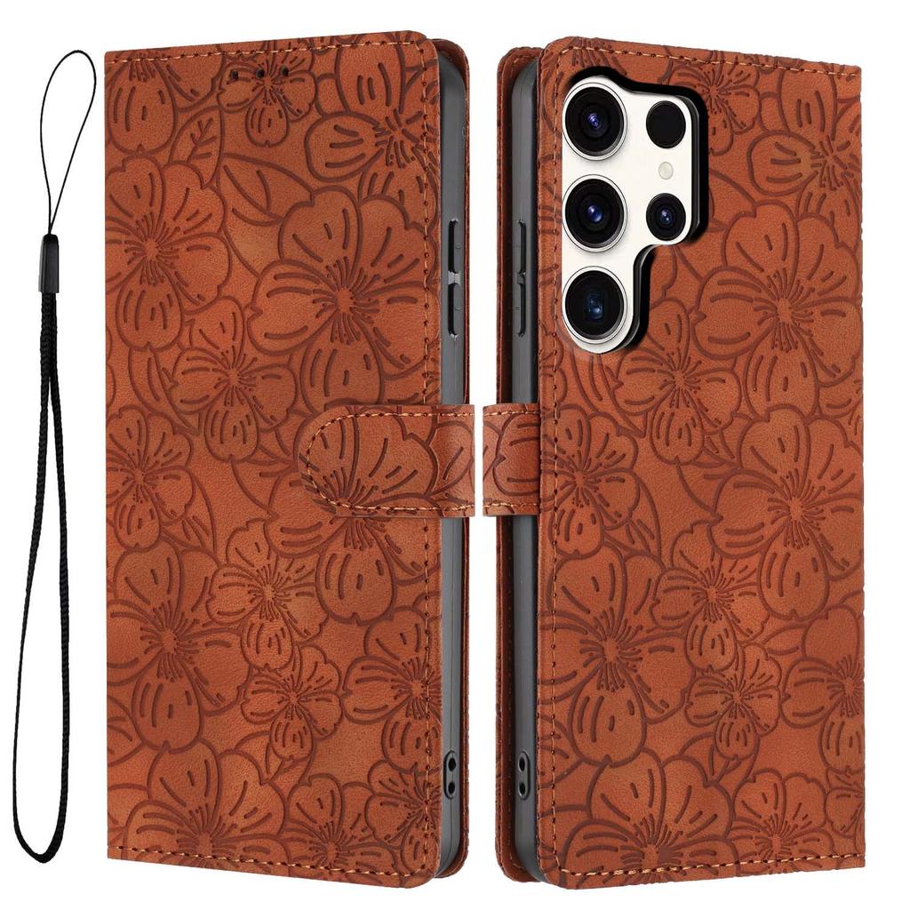 For Samsung Galaxy S24 Ultra Flip Case Cherry Blossom Pattern Leather Wallet Stand Phone Cover with Wrist Strap