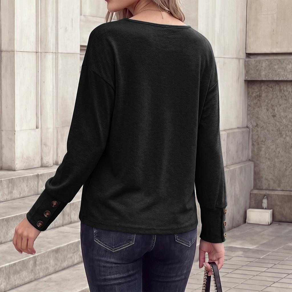 Women's V-Neck Loose Fit Button Front Long Sleeve T-Shirt Brushed Fabric Soft Top