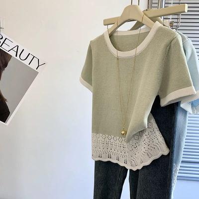Short Sleeved T-shirt for Women Summer French Style Design Contrasting Color Ice Silk Knit Versatile Top