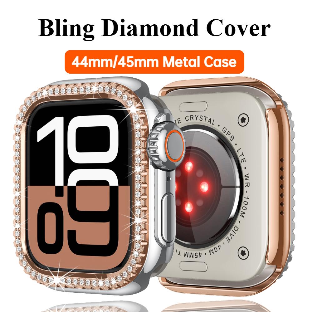 Lesklý Glamour Diamantový Dutý Ochranný Nárazuvzdorný Kryt iWatch Watchase Pro Apple Watch Kovový 44mm 45mm Bling Kryt pro iwatch SE/9/8/7/6/5