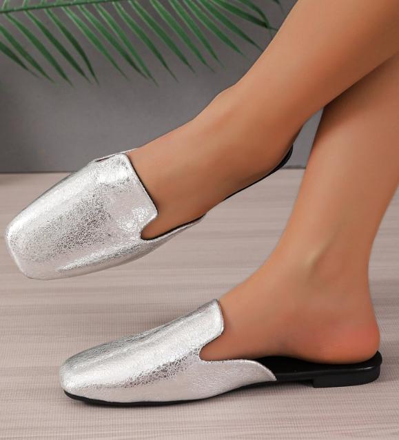 

Летние туфли на плоской подошве, женские тапочки с закрытым носком, новые легкие мюли с квадратным носком для женщин, повседневные женские туфли-слайды 42 серебряный