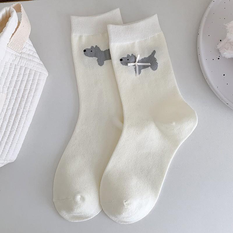 Bow Socks Medium Tube Socks Spring And Autumn Thin Pure Cotton Sweet Cute Cartoon Puppy Pile Socks Women