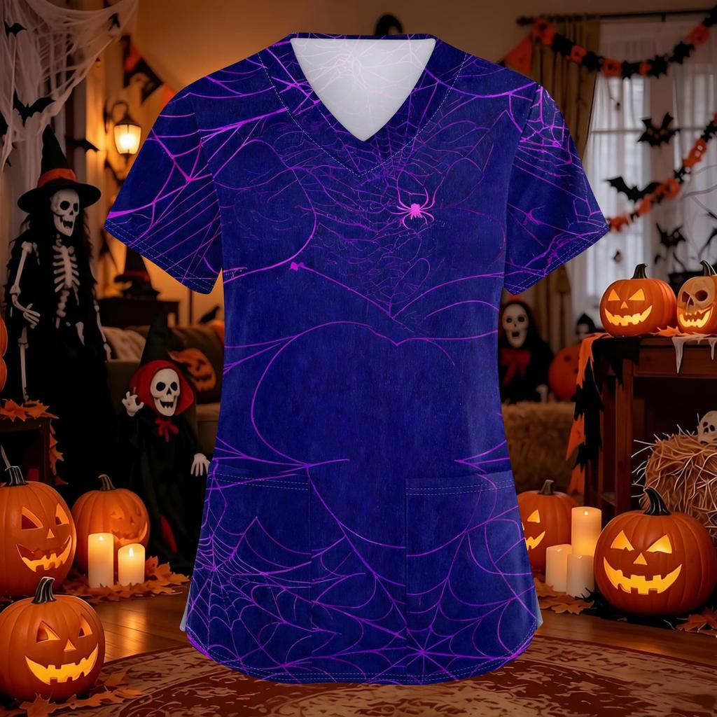 Women's Halloween Print Scrub Top with V-Neck and Pockets, Comfort Fit