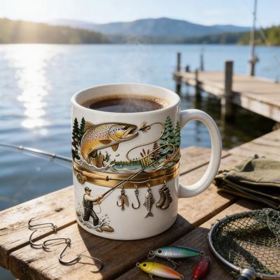 Hooked On Fishing Ceramic Mug 2D Flat Printing Tea Coffee Cup Funny Gifts for Men Dad Husband Fishing Sailing Lovers