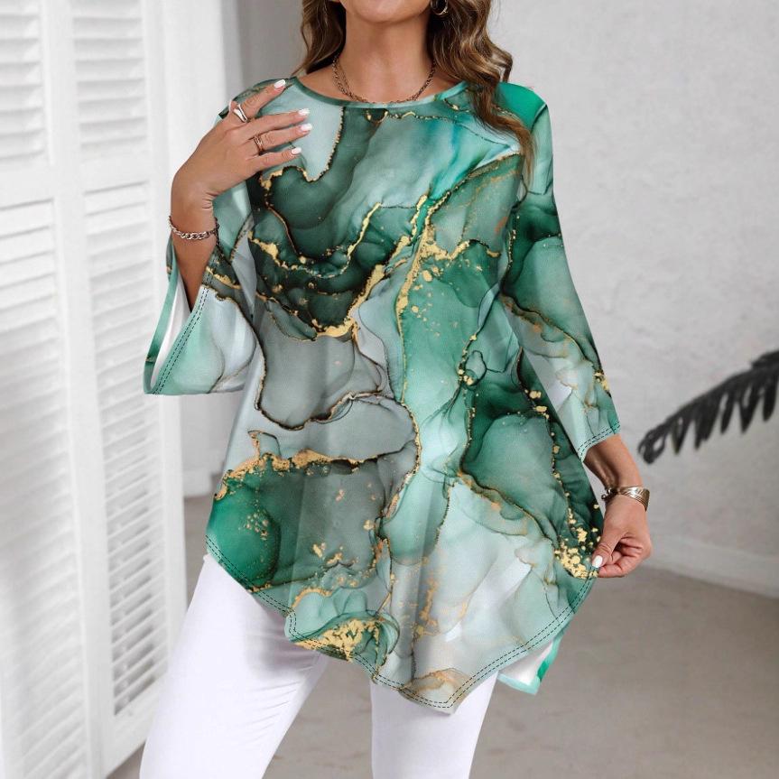 2025 New Fashion Marble Print Crew Neck Long Sleeve T-Shirt - Casual and Versatile