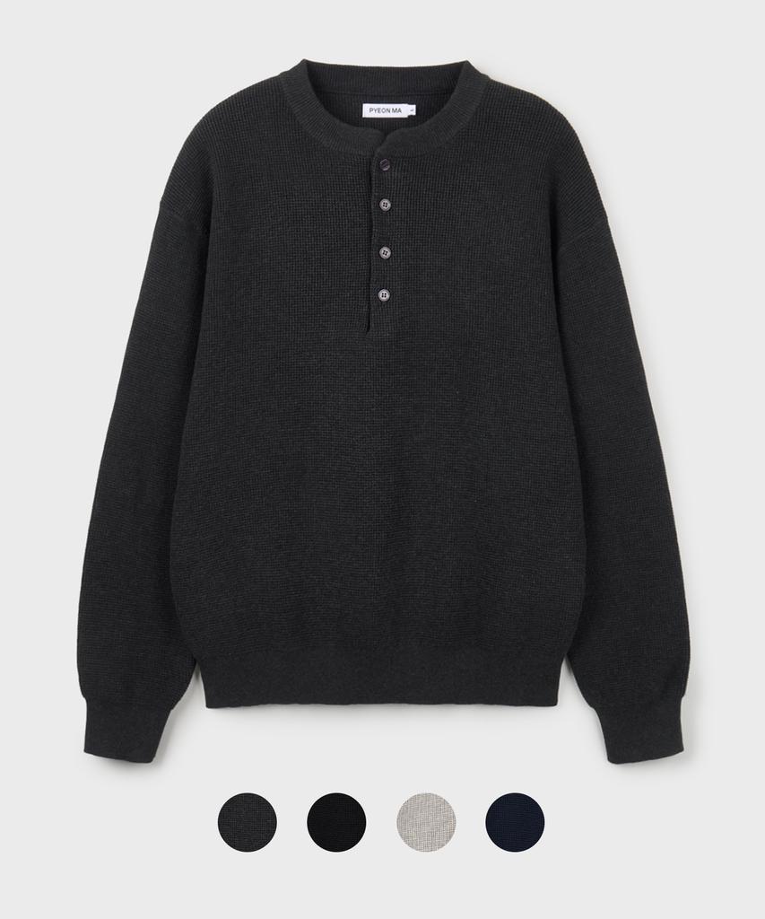 PYEON MA Cotton Waffle Henley Neck Knit - 4Color
