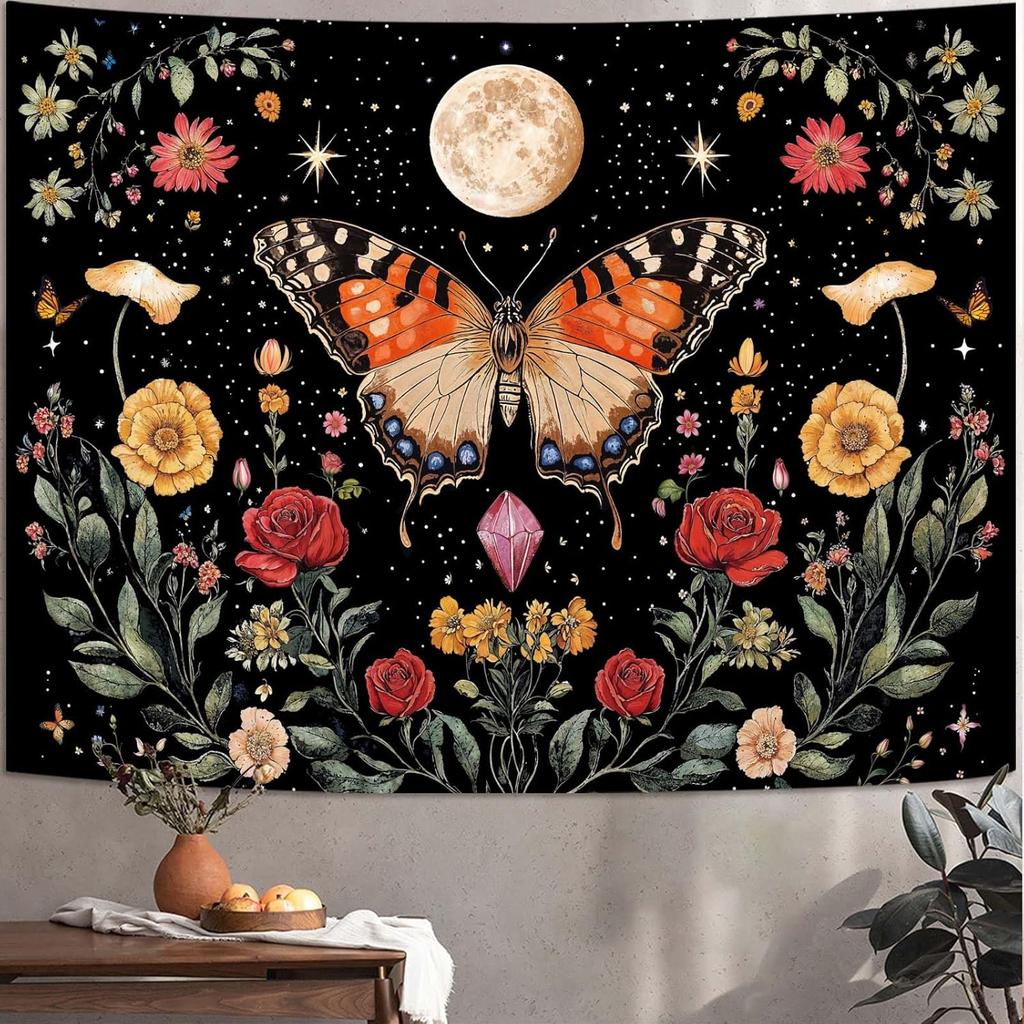 Butterfly Tapestry Moon Star Retro Floral Crystal Plant Aesthetic Tapestries for Bedroom Night Sky Room Decor Tapestries Wall