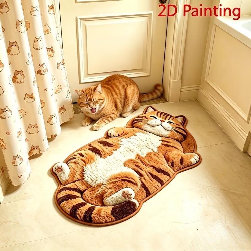 Realistic Cat Faux Cashmere Floor Mat Thickened Bedside Rug Absorbent Bathroom Foot Pad Cute Pet Bedroom Carpet