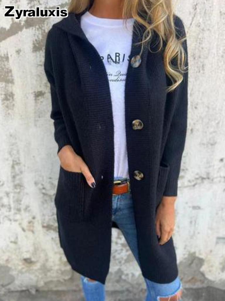 Cardigan in Maglia da Donna Autunno Inverno Manica Lunga con Tasche Abbottonato con Cappuccio Cappotto Maglione per Donne