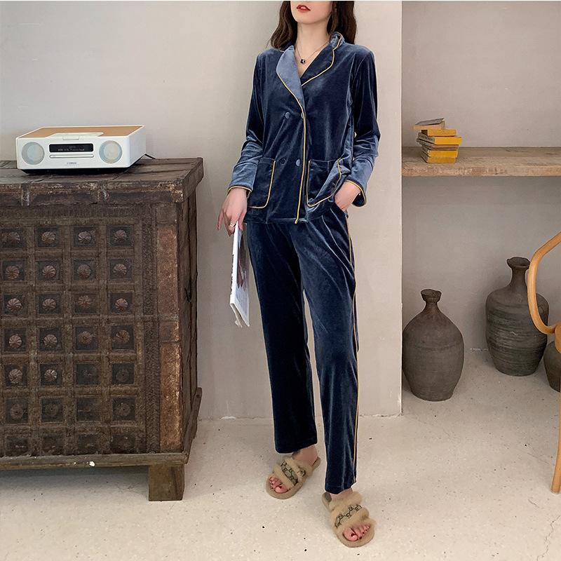 

Женская домашняя одежда Пижамы бархатные теплые с длинными рукавами пижамы сексуальные отложной воротник домашняя одежда осень-зима велюровая ночная рубашка XL синий