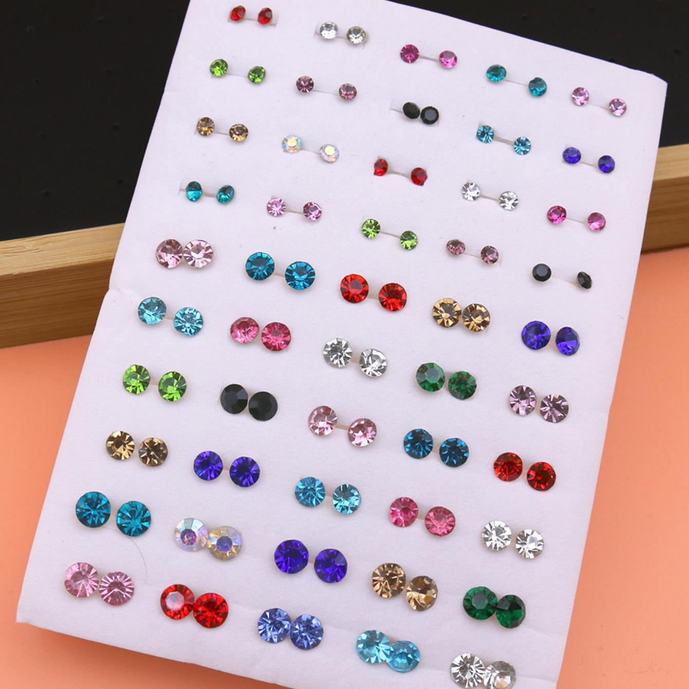 Crystal Rhinestone Earrings Set: 50 Pairs with Mixed Sizes and Sponge Packaging Large Rhinestone Size