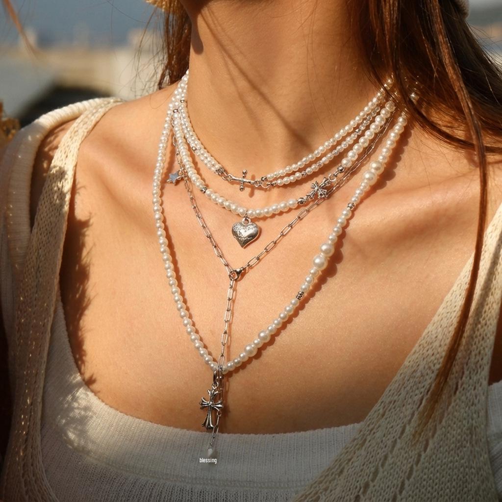 Cross Heart Faux Pearl Multi-layer Necklace - Y2K Style