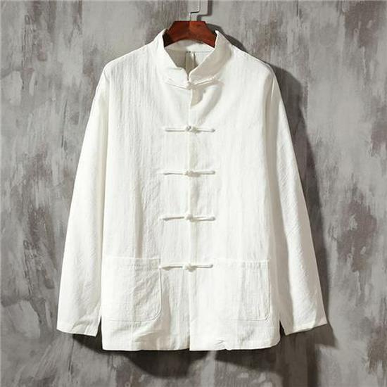 Men's Chinese Style Long-Sleeve Stand Collar Cotton Linen Shirt for Spring and Autumn