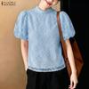 ZANZEA Women Stand Collar Loose Casual Lace Patchwork Short Sleeve Blouse