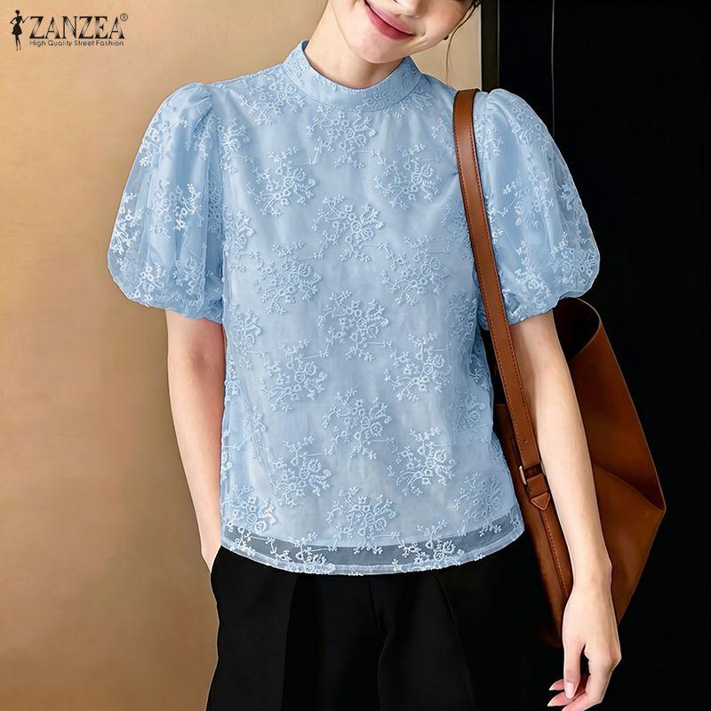 ZANZEA Women Stand Collar Loose Casual Lace Patchwork Short Sleeve Blouse