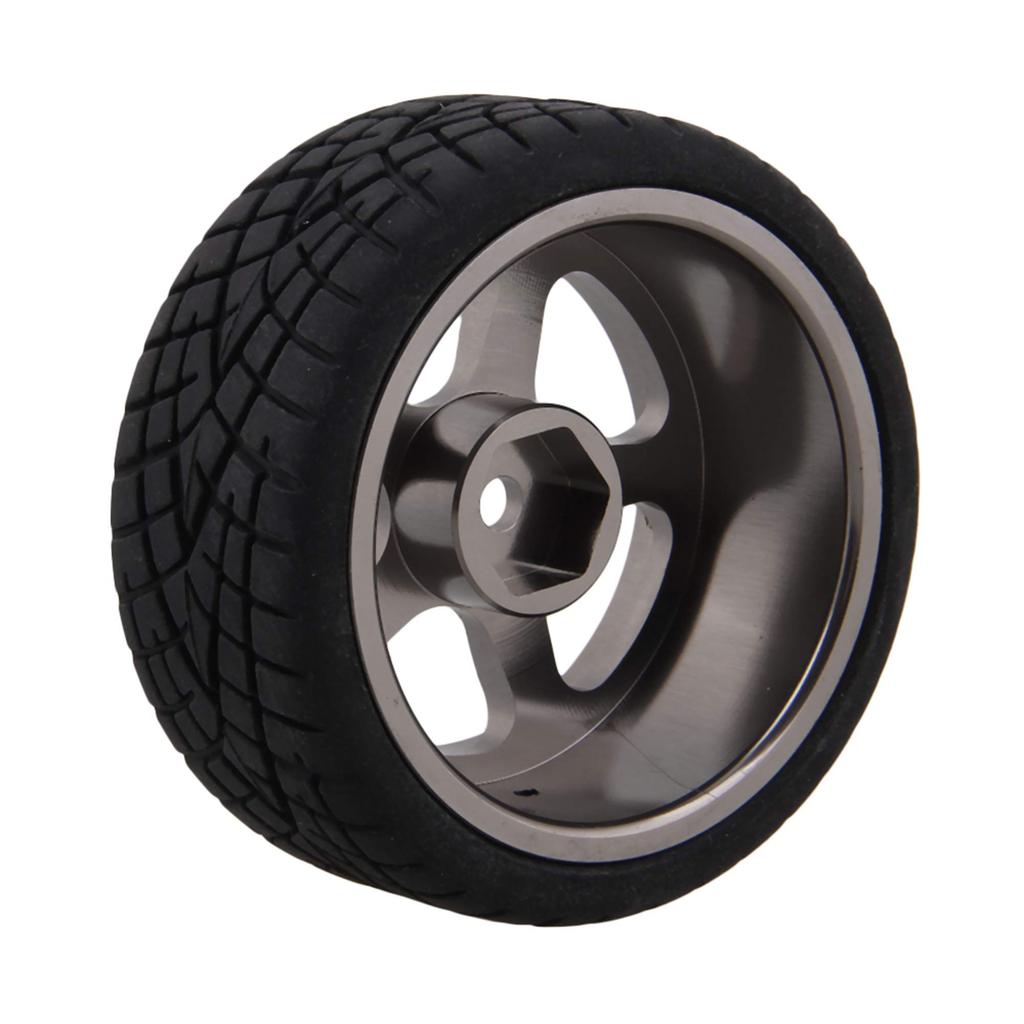 Mxfans 4pcs Black Fish Pattern Rubber Tires Aluminum Alloy Silver Grey 5 Spoke Wheel Rims for RC Car & 110 On-Road