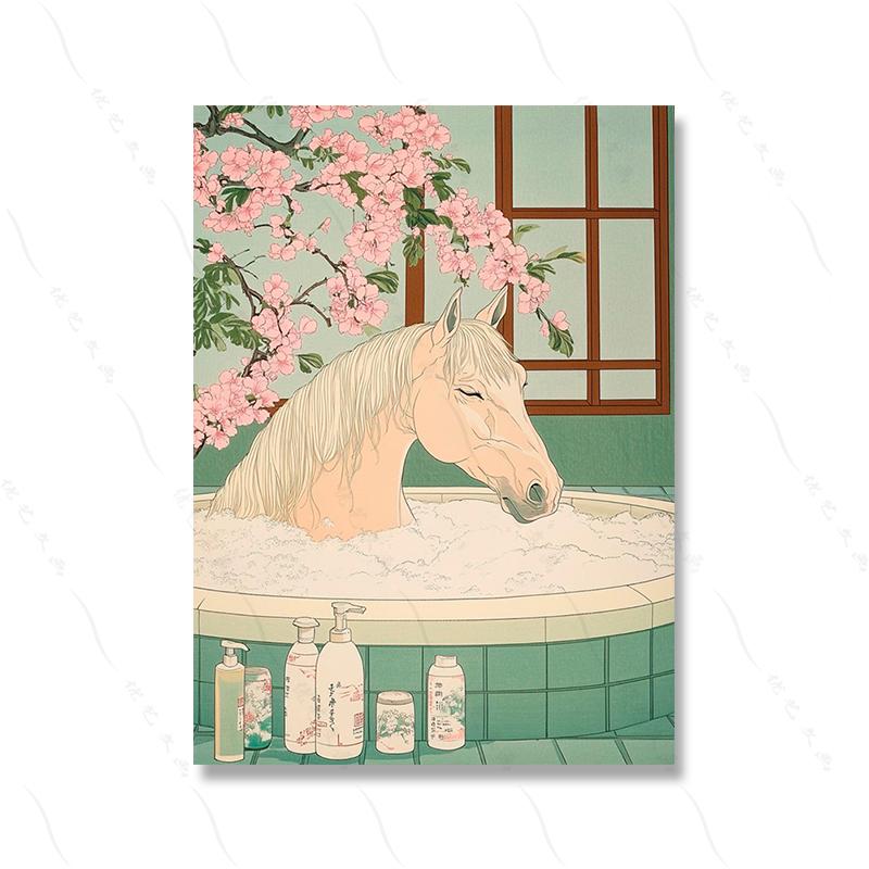 Fat Cat Horse Fox in Bathtub Poster Japanese Aesthetic Bathroom Wall Art Print Funny Japandi Decor Minimalist Neutral Pictures 21X30CMNo Framed