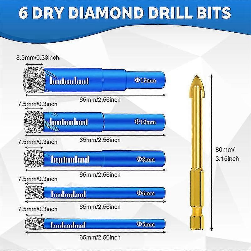 5pcs Round Handle Dry Vacuum Drill With 1pcs Hex Tile Drill Bits