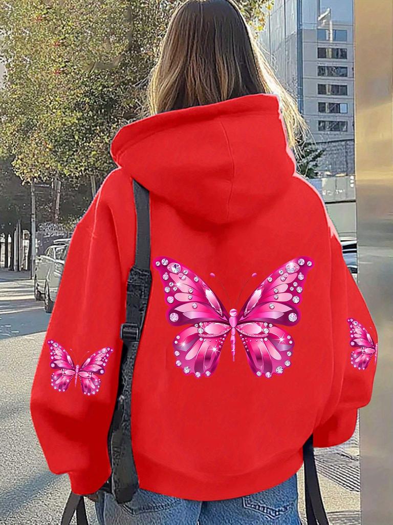 Women Butterfly Print Hoodie Unisex Autumn Winter Hooded Everyday Outdoors Hoodie for Any Occasion