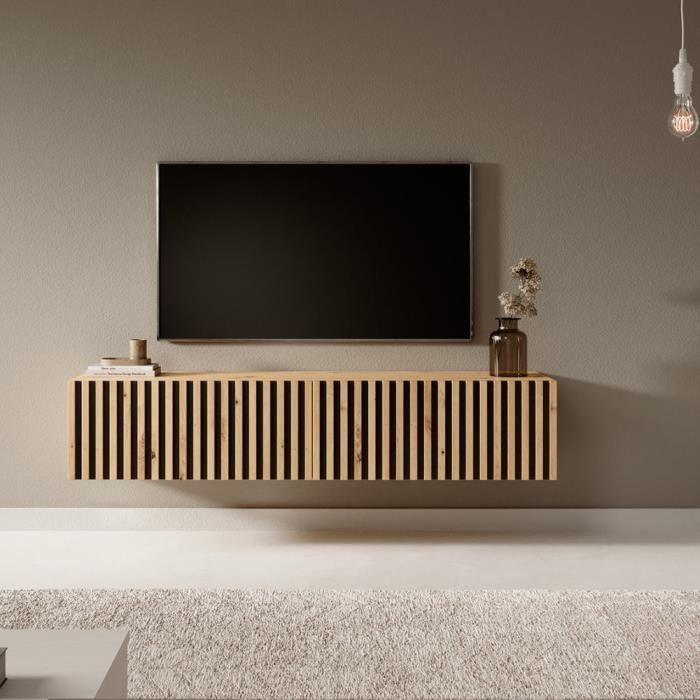 TV Stand - TELIRE - 140 Cm In Artisan Oak with Milled Front and Black Inserts