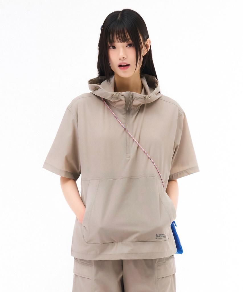 CHASECULT Unisex Cool Stretch Hooded Short Sleeve Anorak T-Shirt - Beige
