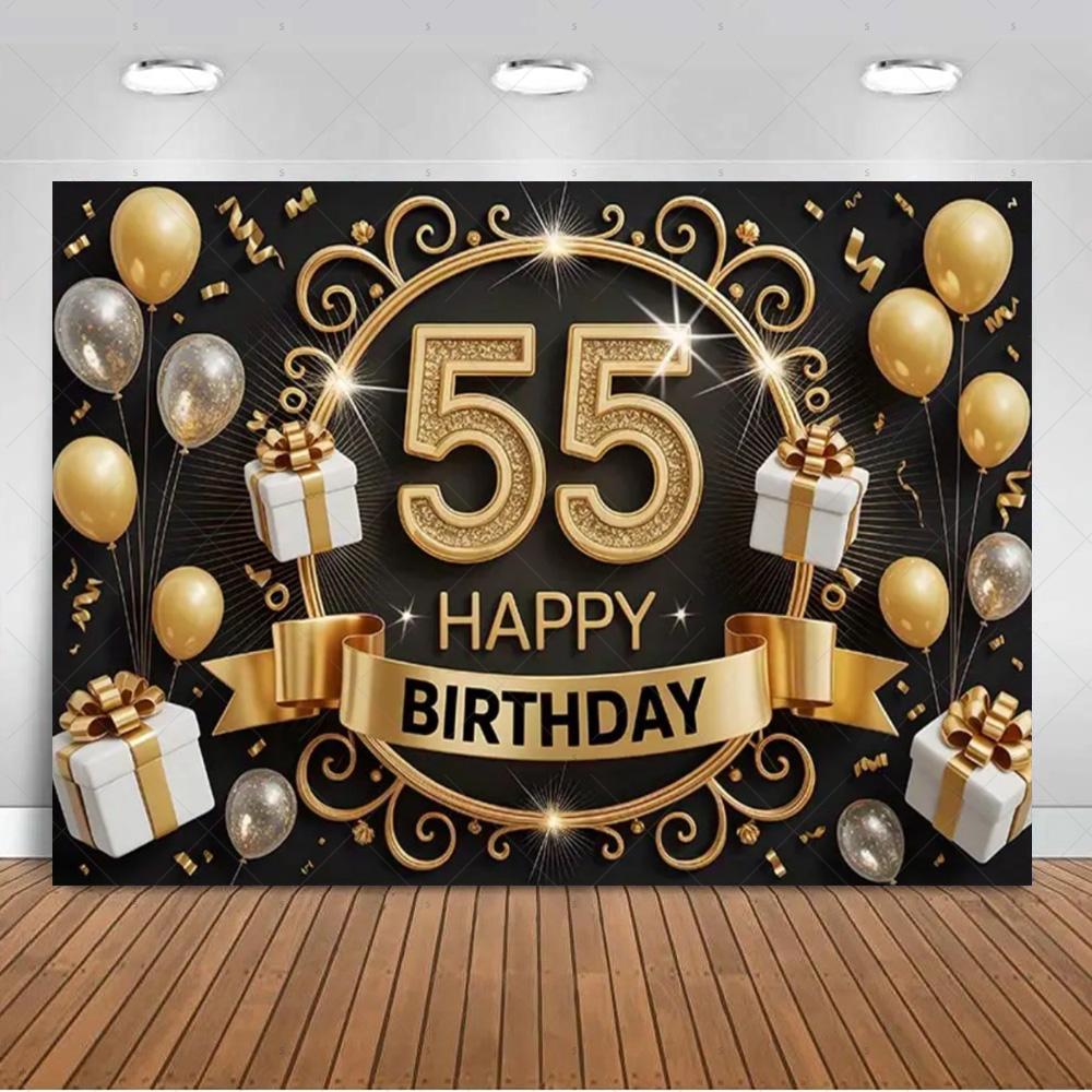 Sfondo per 55° Compleanno Forniture Palloncini Nero Oro 55 Anni Sfondo Decorazione Festa Scintillante Oggetti di Scena per Servizio Fotografico