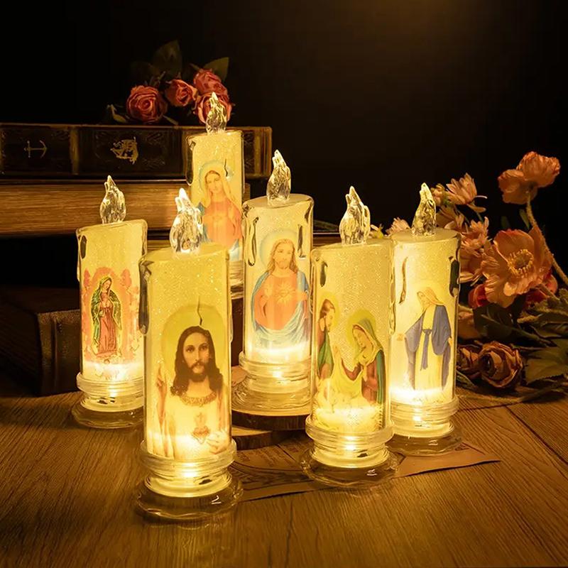 Flameless LED Prayer Candle with Jesus & Virgin Mary - Decorative Religious Night Light for Home Altar or Gift