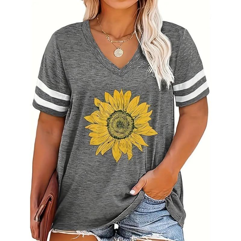 Summer V-neck 3D Love Sunflower Printed Top Fashionable Casual Short Sleeved Women's T-shirts